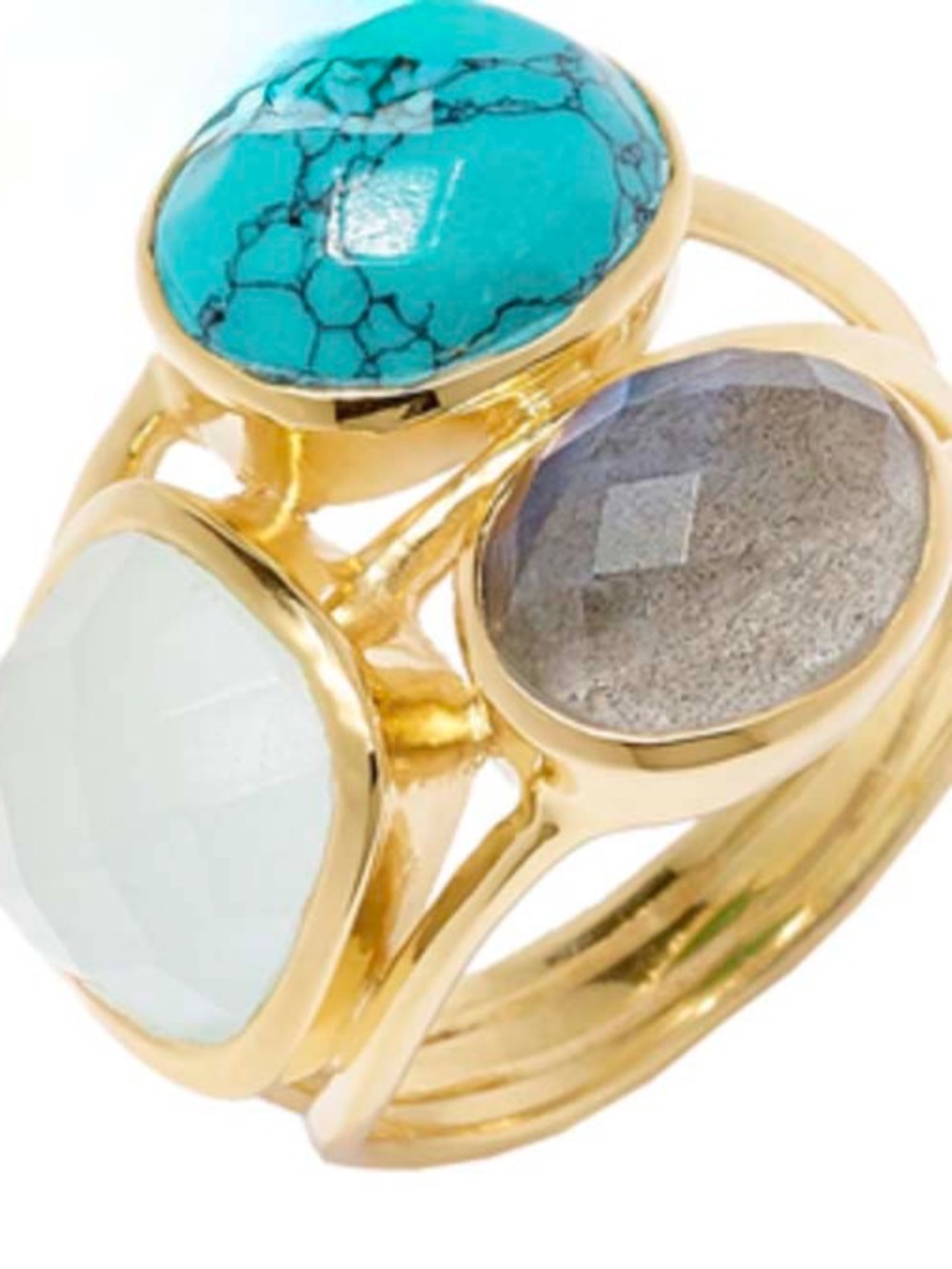 TRIPLE STONE RING, SIZE 7, 18K GOLD PLATED & STERLING SILVER BEZEL SET CHALCEDON